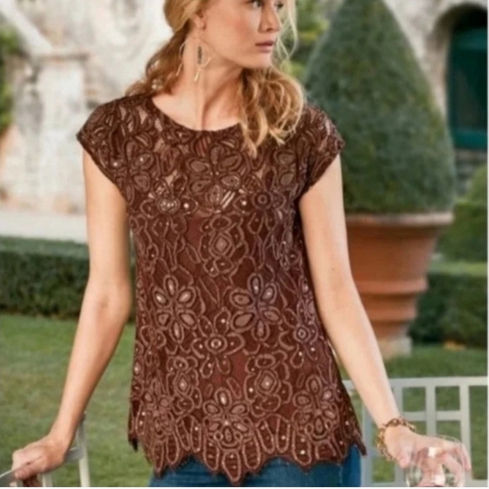SOFT SURROUNDINGS Crochet Lace Sequin Sheer Sleeveless Top Brown Medium